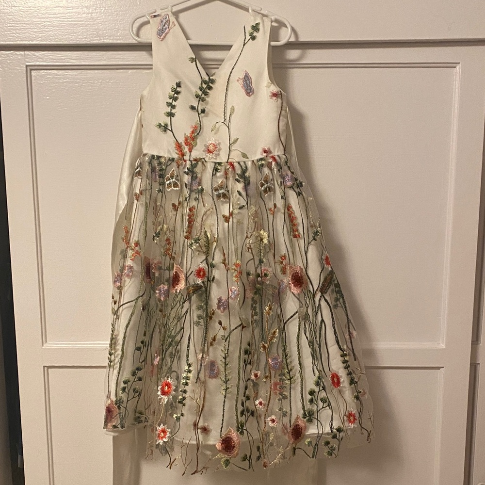 Floral Embroidered Kids Dress - Cream